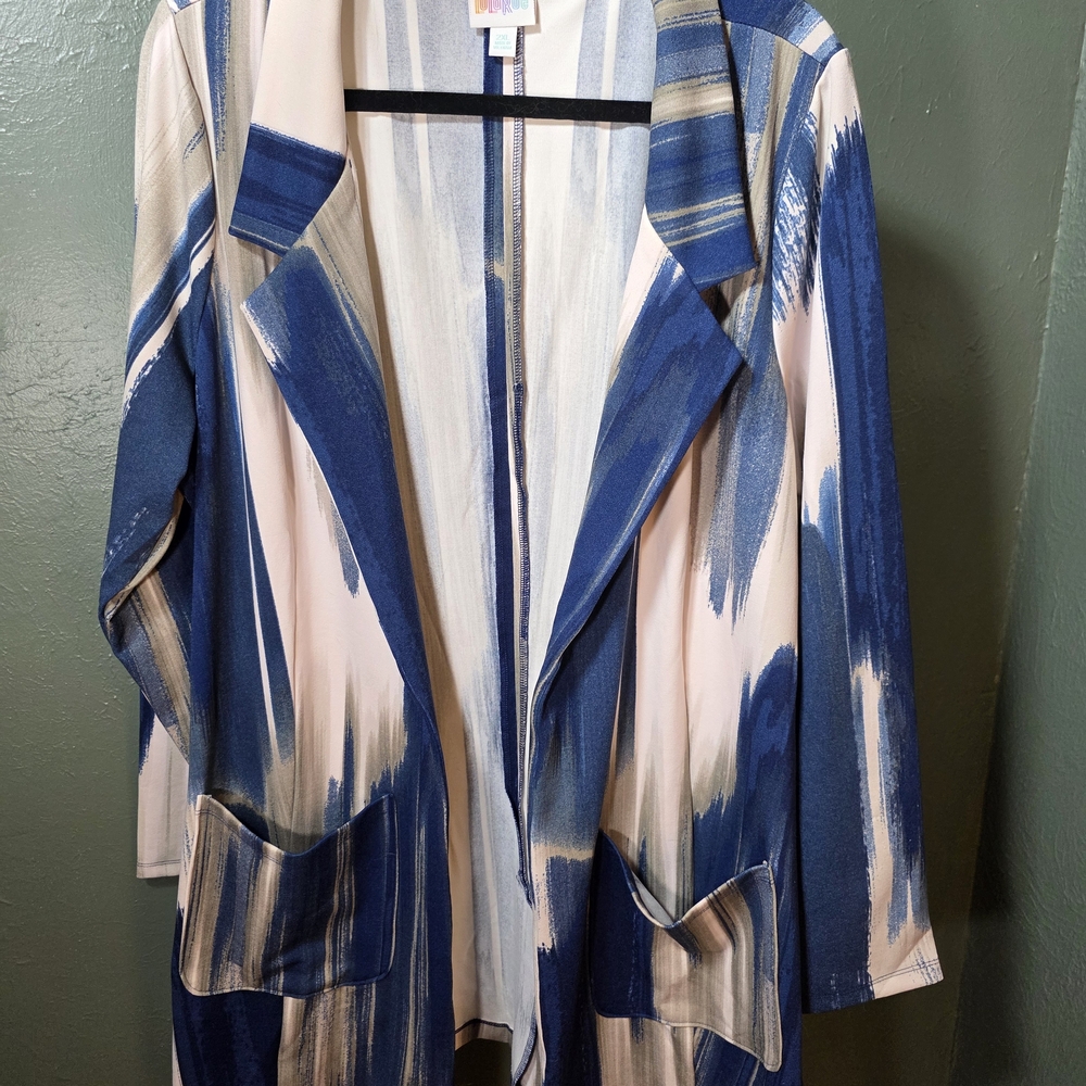 LuLaRoe Gwen Blue and Cream Abstract Brushstroke Duster Jacket